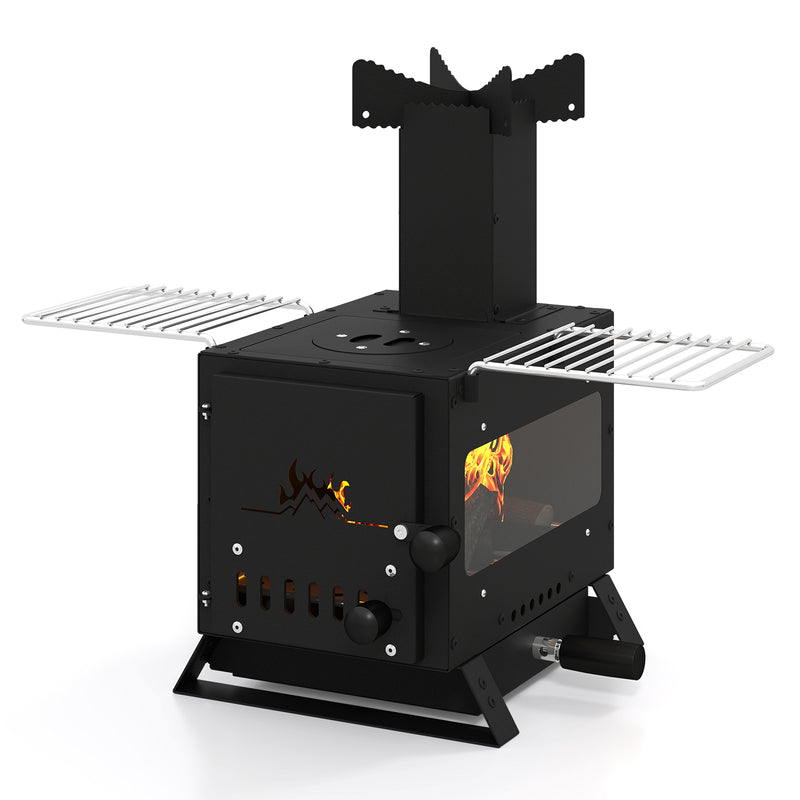 Costway - Portable Wood Burning Stove Mini Heater Burner with Pot Rack Oven Pan-Black
