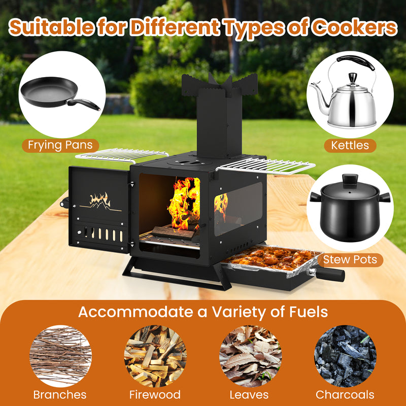 Costway - Portable Wood Burning Stove Mini Heater Burner with Pot Rack Oven Pan-Black