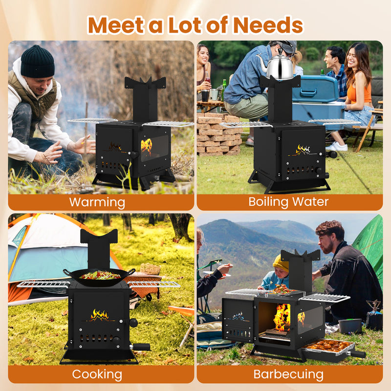 Costway - Portable Wood Burning Stove Mini Heater Burner with Pot Rack Oven Pan-Black