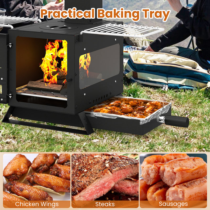 Costway - Portable Wood Burning Stove Mini Heater Burner with Pot Rack Oven Pan-Black