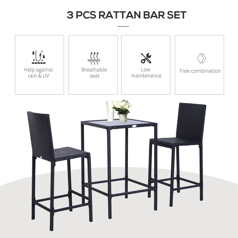 Outsunny - 3 Piece Patio Bar Set Wicker Rattan Garden Bistro Set Barstool and Table for Patio Backyard Balcony Poolside, Black