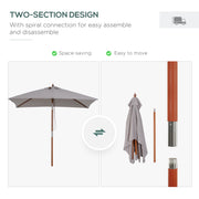 6.6 x 5ft Fir Wooden Patio Umbrella Market Parasol Tilt Mechanism 6 Ribs Garden Sunshade, Grey