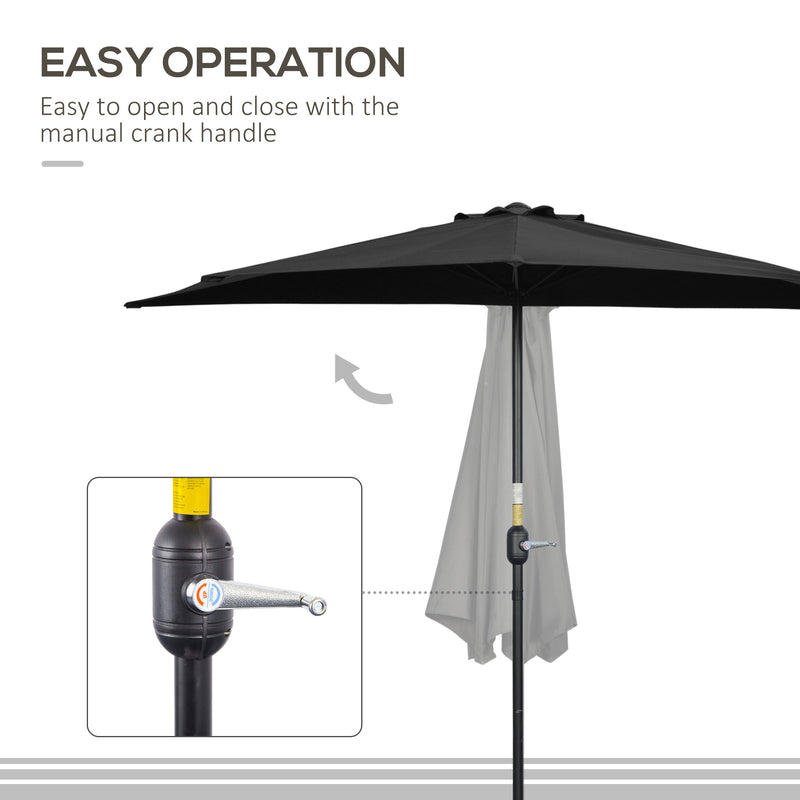 Outsunny - 9ft Half Round Umbrella Outdoor Patio Garden Balcony Parasol Window Sun Shade w/ 5 Ribs, Black — 84D-007V00BK