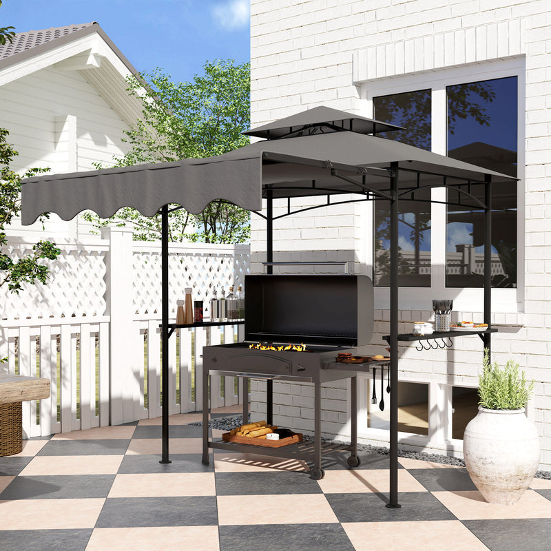 Outsunny - 8' x 7.6' Grill Gazebo, Double Tiered Barbecue Grill Gazebo Shelter w/ Side Awning, 2 Side Shelves, 6 Hooks, Dark Grey