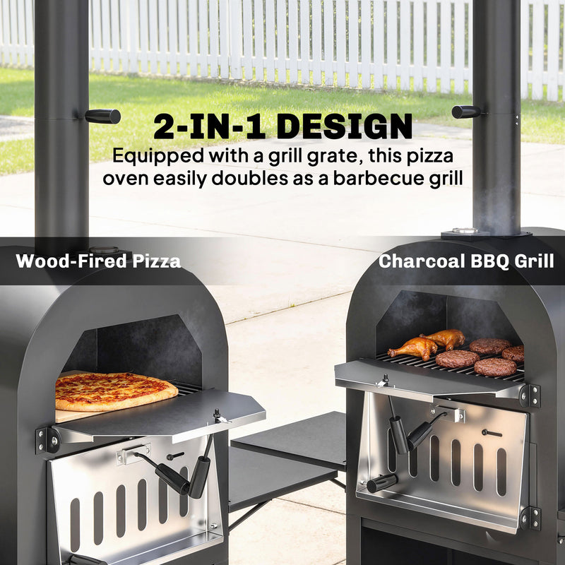 Outsunny - Outdoor Wood Fired Pizza Oven with Side Shelves and Open Cabinet, Pizza Maker on Wheels with Thermometer, Stone, Peel