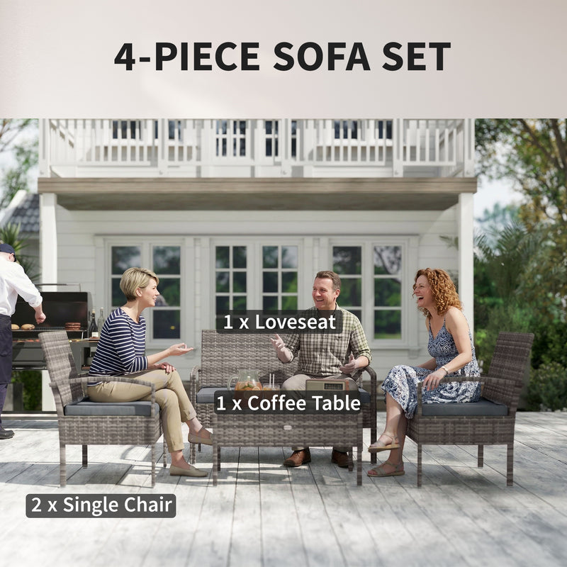 Outsunny - 4 Pieces Patio Furniture Set with A Loveseat, Two Armchairs and A Coffee Table, Outdoor Conversation Set, Dark Grey