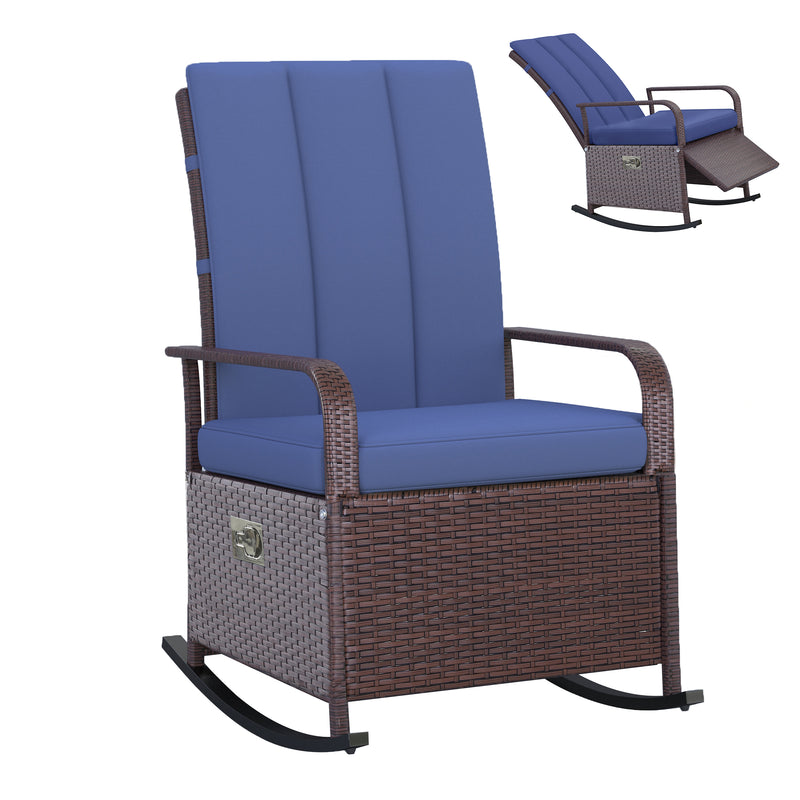 Outsunny - Outdoor Wicker Rocking Chair with Cushion, Patio PE Rattan Recliner Chair with Adjustable Footrest, Armrests, Dark Blue