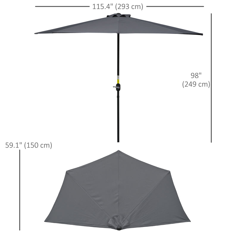 Outsunny - 9.8ft Half Umbrella Semi Round Patio Parasol with Crank Handle, Top Vent for Garden, Balcony - NO BASE INCLUDED, Grey — 84D-008GY