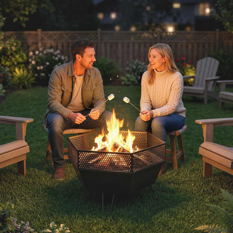 Outsunny - 20" Fire Pit with Fire Poker, Foldable Wood Burning Firepits with Lid, Portable Firepit, Black
