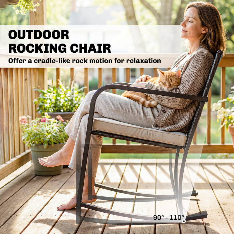 Outsunny - 3 Pieces Rocking Bistro Set Outdoor Patio Furniture Set with Cushions, Glass Coffee Table for Balcony, Cream White