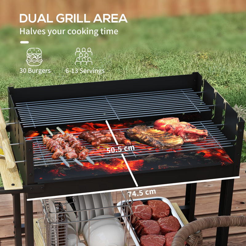 Outsunny - Charcoal Grill,Barbecue Trolley with Double Adjustable Grill, Side Table, Storage Shelf and Wheels, Black
