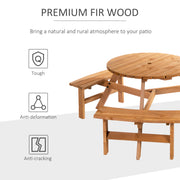 Outsunny - 6 Person Round Picnic Table Bench Set with Umbrella Hole, Wood Patio Table with 3 Built-in Benches for Garden, Deck, Backyard, Brown
