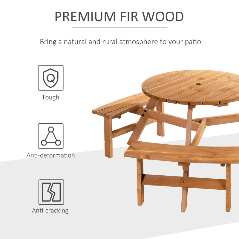 Outsunny - 6 Person Round Picnic Table Bench Set with Umbrella Hole, Wood Patio Table with 3 Built-in Benches for Garden, Deck, Backyard, Brown