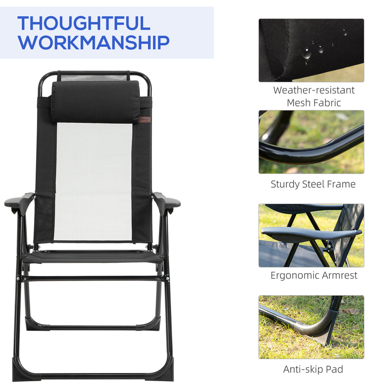 Outsunny - Set of 4 Camping Chairs, Outdoor Folding Lounge Chair Set with 5 Level Adjustable Backrest, Removable Headrest, Armrest for Camping, Backyard, Black