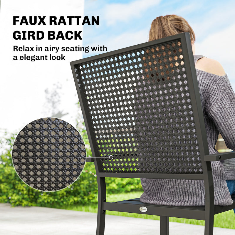 Outsunny - Stackable Patio Chairs Set of 2, Outdoor Dining Chairs with Faux Wicker Steel Mesh Back, Slatted Seat, Armrests, Black
