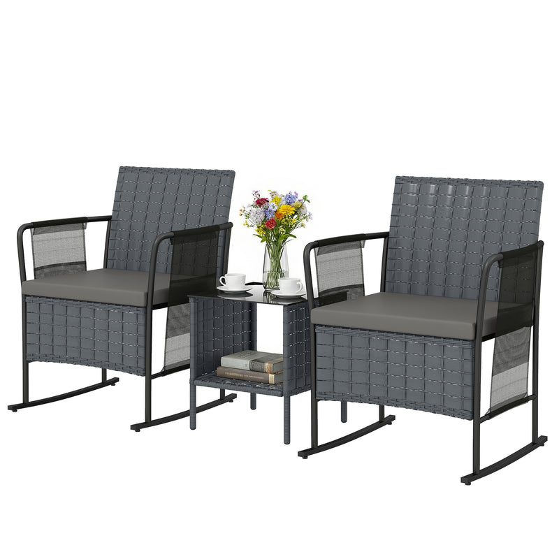 Outsunny - 3 Pieces Rocking Bistro Set Outdoor Patio Furniture Set with Side Pockets, Mesh Seat, Cushions, 2-Tier Table, Grey