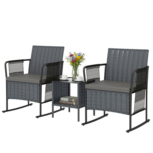 Outsunny - 3 Pieces Rocking Bistro Set Outdoor Patio Furniture Set with Side Pockets, Mesh Seat, Cushions, 2-Tier Table, Grey
