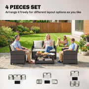 Outsunny - 4-Piece Outdoor Wicker Patio Furniture Conversation Set, Includes Loveseat, Chairs and 2-Tier Table with Cushions, Modern Rattan Sofa Set for Backyard, Beige