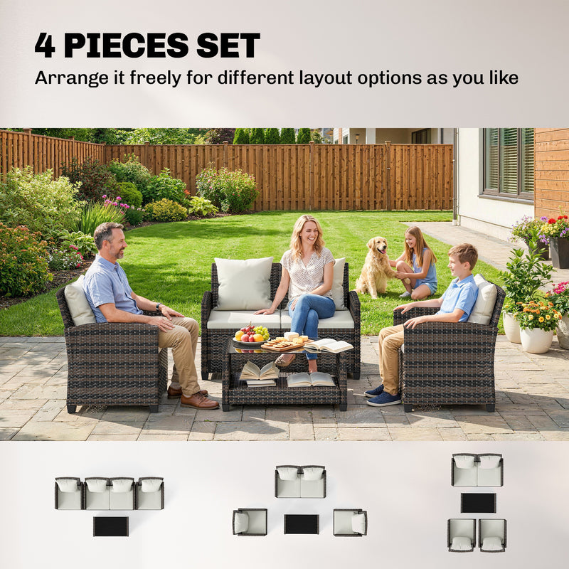 Outsunny - 4-Piece Outdoor Wicker Patio Furniture Conversation Set, Includes Loveseat, Chairs and 2-Tier Table with Cushions, Modern Rattan Sofa Set for Backyard, Beige