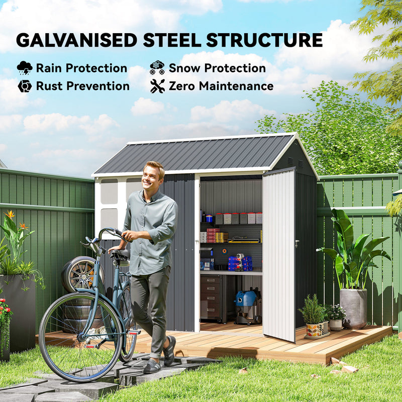 7' x 5.5' Metal Garden Storage Shed, Outdoor Tool Storage House with Lockable Door, Vents, Sloped Roof, Dark Grey