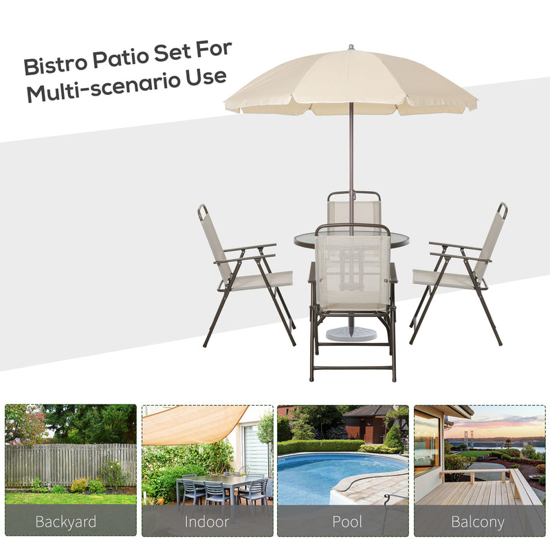 Outsunny - 6 Pieces Outdoor Dining Set for 4 with Umbrella Patio Outdoor Furniture Set with Round Table 4 Folding Chairs Cream