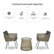 Outsunny - 3 Pieces Wicker Patio Furniture Set, Rattan Bistro Set with Coffee Table and Cushions, Outdoor Conversation Set for Garden, Porch, Balcony, Grey