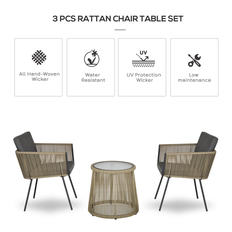 Outsunny - 3 Pieces Wicker Patio Furniture Set, Rattan Bistro Set with Coffee Table and Cushions, Outdoor Conversation Set for Garden, Porch, Balcony, Grey