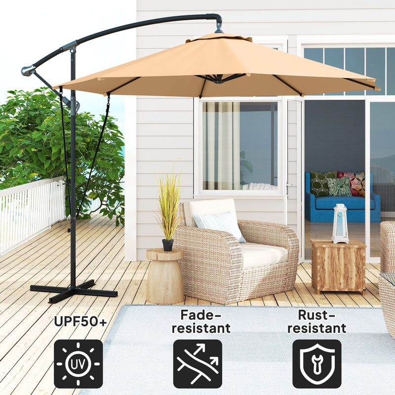 Outsunny - 9.5' Cantilever Umbrella with Wind Protection Strap and Cover, Hanging Umbrella with Crank and Cross Base, Khaki — 84D-394V00KK