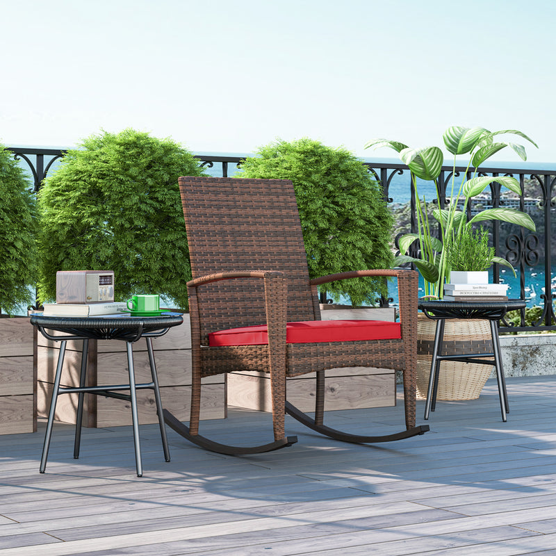 Outsunny - Outdoor PE Rattan Rocking Chair, Garden Glider Rocking Chair, Wicker Patio Chair Set with Armrest and Cushion, Wine Red