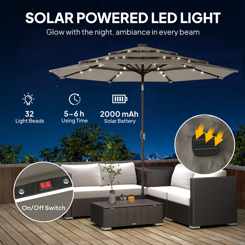 Outsunny - 9.3 ft Patio Umbrella with Solar LED Lights, Cover, 3 Tier Outdoor Market Table Parasol with Tilt, Crank, Grey — 84D-500V00GY