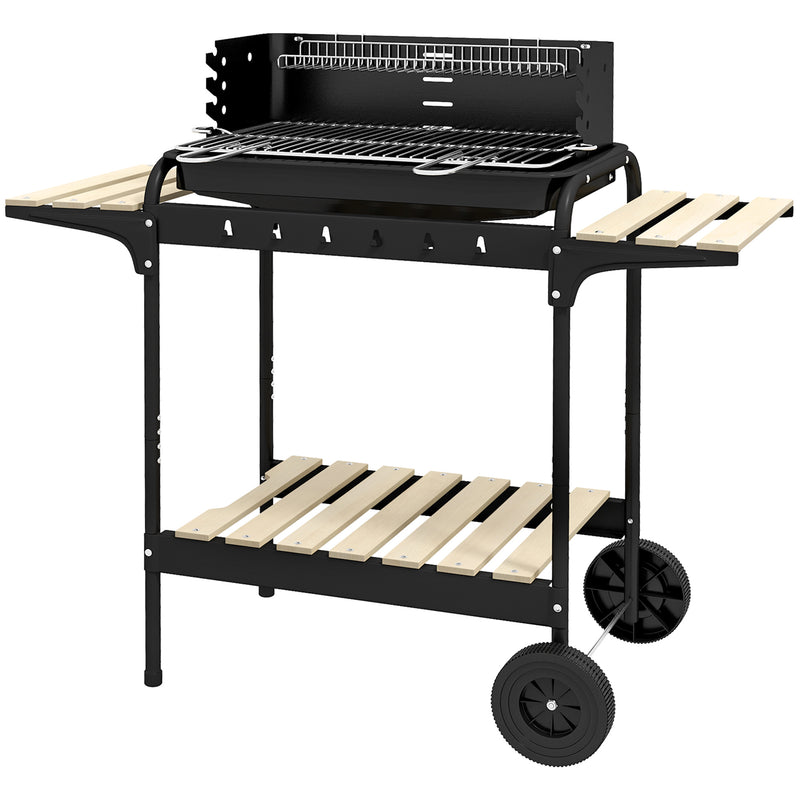 Outsunny - Charcoal Barbecue Grill with Adjustable Grill Height, Portable BBQ Trolley with Ash Catcher and Wheels, Black