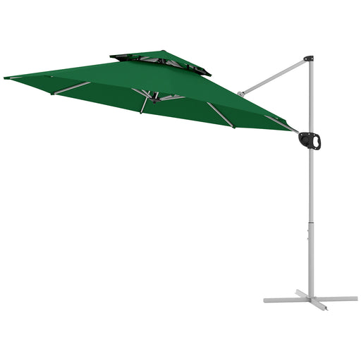 Outsunny - 10 FT Cantilever Patio Umbrella with 360° Rotation & Adjustable Height, Cross Base, Crank and Tilt, Dark Green