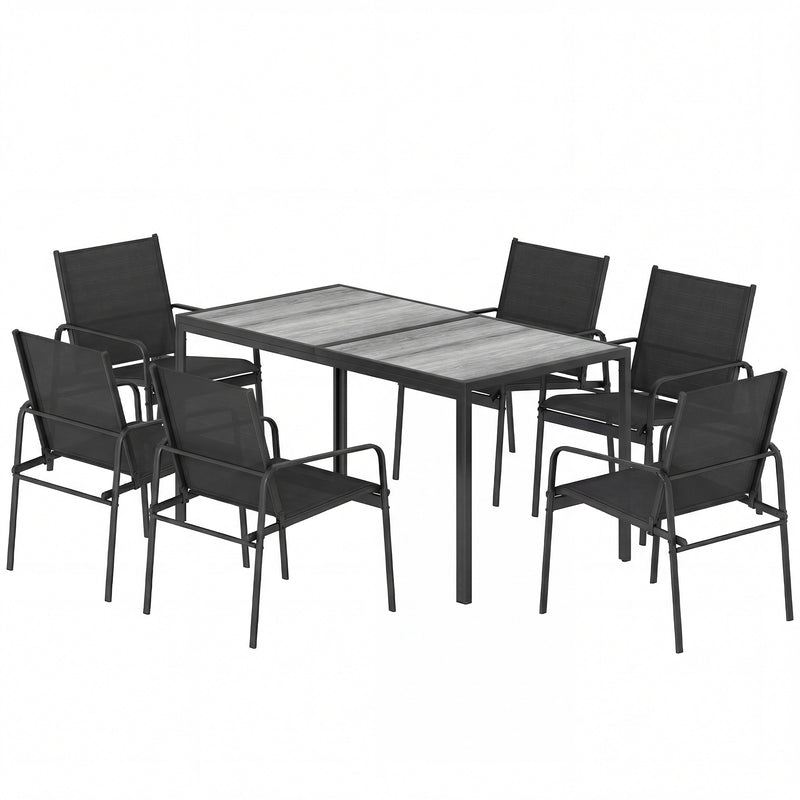Outsunny - Outdoor Dining Set for 6, Faux Wood Patio Table and Chairs with Breathable Mesh Seat, Galvanized Steel Frame, Black