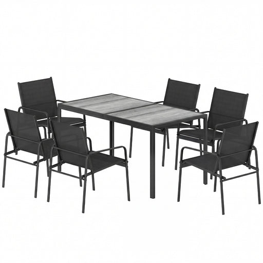 Outsunny - Outdoor Dining Set for 6, Faux Wood Patio Table and Chairs with Breathable Mesh Seat, Galvanized Steel Frame, Black