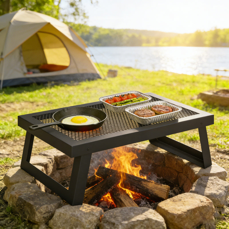 Outsunny - Folding Campfire Grill, 22" x 12" Heavy Duty Carbon Steel Grill Grate with Folding Legs, Black