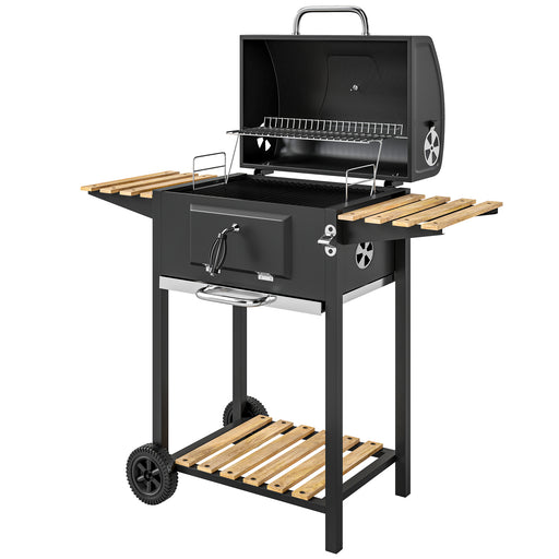 Outsunny - 20" Charcoal BBQ Grill Barbecue on Wheels with Adjustable Charcoal Pan, Spacious Cooking Area, 3 Shelves, Thermometer