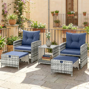 Outsunny - 5 Piece Patio Furniture Set, Wicker Patio Chairs with Ottomans, 2-Tier Glass Coffee Table and Cushions, Grey/Dark Blue