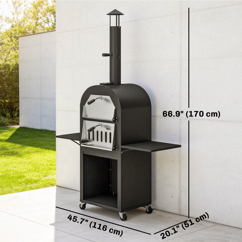 Outsunny - Outdoor Wood Fired Pizza Oven with Side Shelves and Open Cabinet, Pizza Maker on Wheels with Thermometer, Stone, Peel