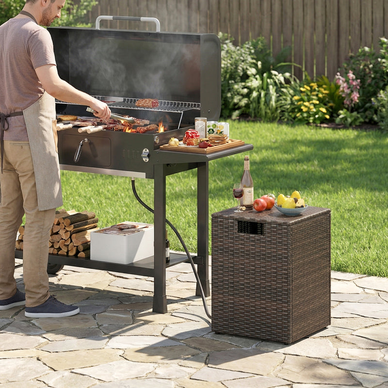 Costway - Rattan Propane Tank Cover Patio Hideaway Tank Side Table-Brown