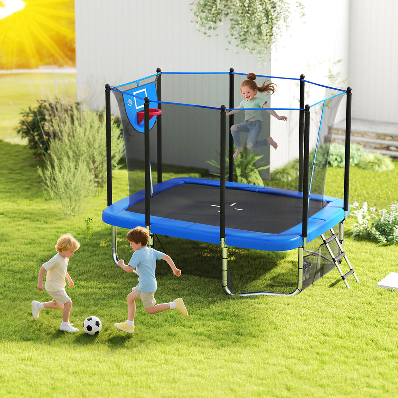 Costway - Rectangle Outdoor Trampoline 10 x 8 FT Heavy-Duty Trampoline with Basketball Hoop-Blue