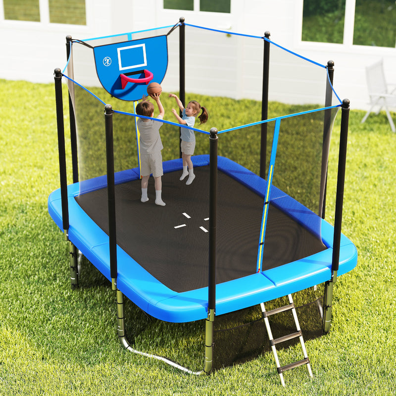 Costway - Rectangle Outdoor Trampoline 10 x 8 FT Heavy-Duty Trampoline with Basketball Hoop-Blue