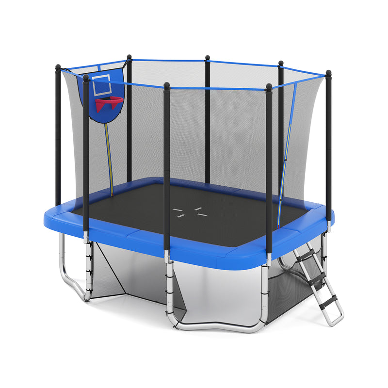 Costway - Rectangle Outdoor Trampoline 10 x 8 FT Heavy-Duty Trampoline with Basketball Hoop-Blue