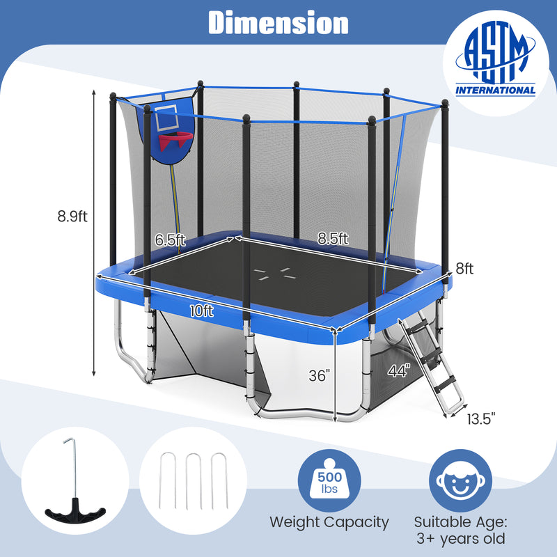 Costway - Rectangle Outdoor Trampoline 10 x 8 FT Heavy-Duty Trampoline with Basketball Hoop-Blue