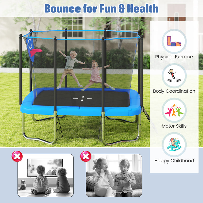 Costway - Rectangle Outdoor Trampoline 10 x 8 FT Heavy-Duty Trampoline with Basketball Hoop-Blue
