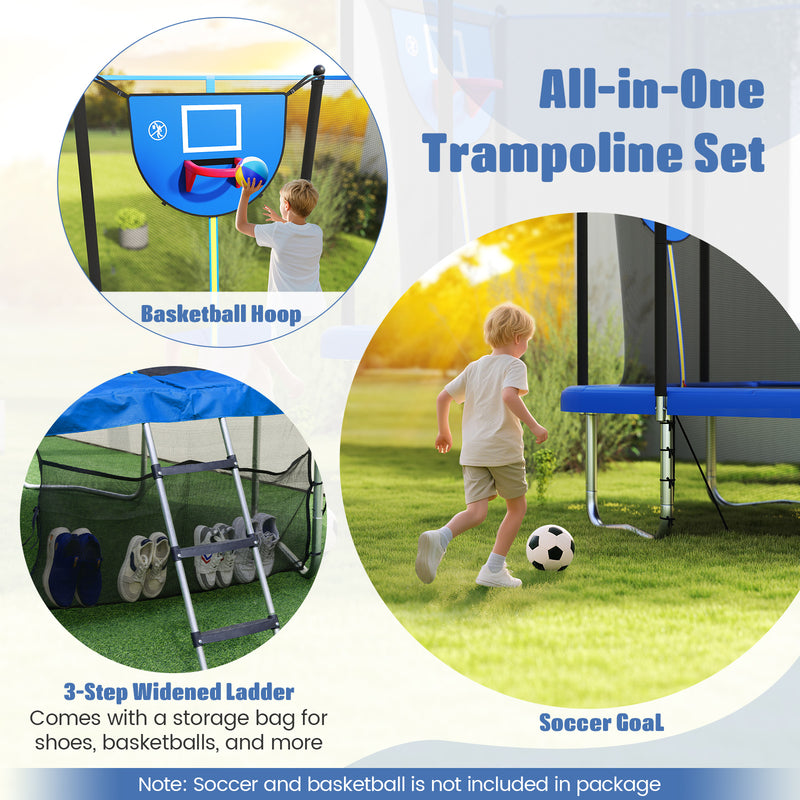 Costway - Rectangle Outdoor Trampoline 10 x 8 FT Heavy-Duty Trampoline with Basketball Hoop-Blue