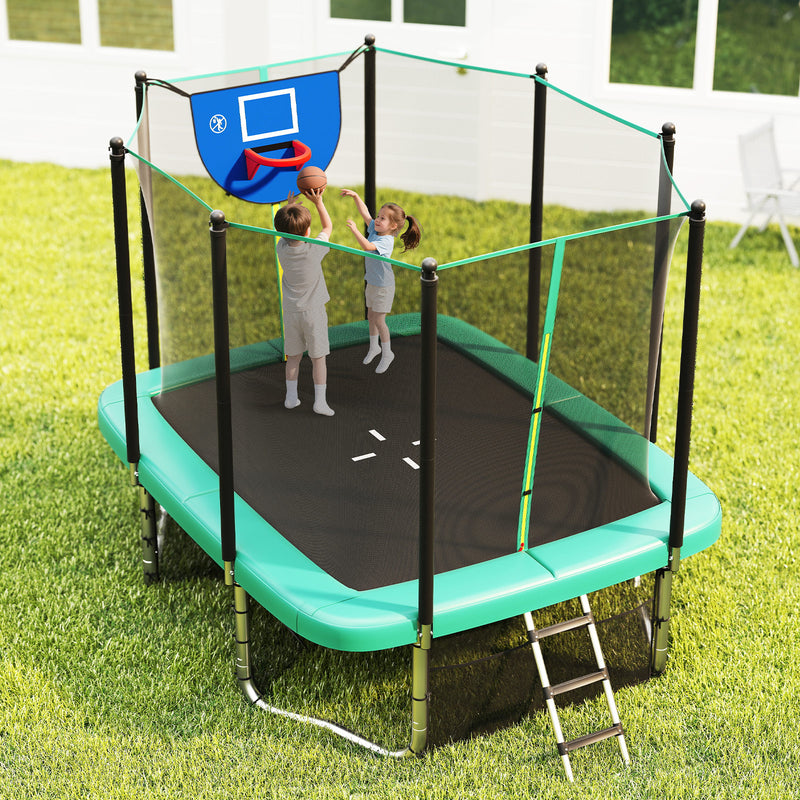 Costway - Rectangle Outdoor Trampoline 10 x 8 FT Heavy-Duty Trampoline with Basketball Hoop-Green