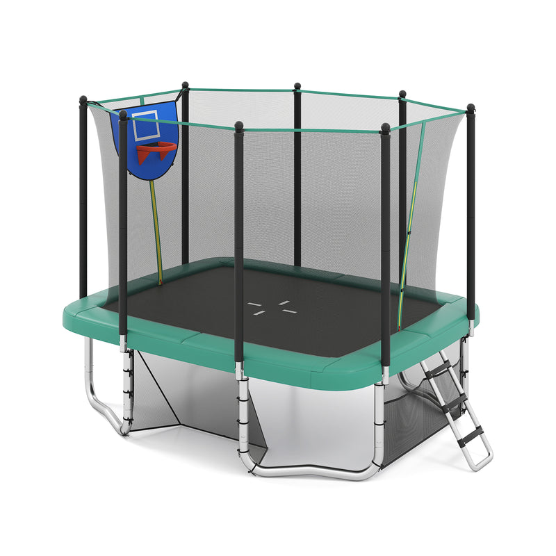 Costway - Rectangle Outdoor Trampoline 10 x 8 FT Heavy-Duty Trampoline with Basketball Hoop-Green