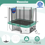Costway - Rectangle Outdoor Trampoline 10 x 8 FT Heavy-Duty Trampoline with Basketball Hoop-Green
