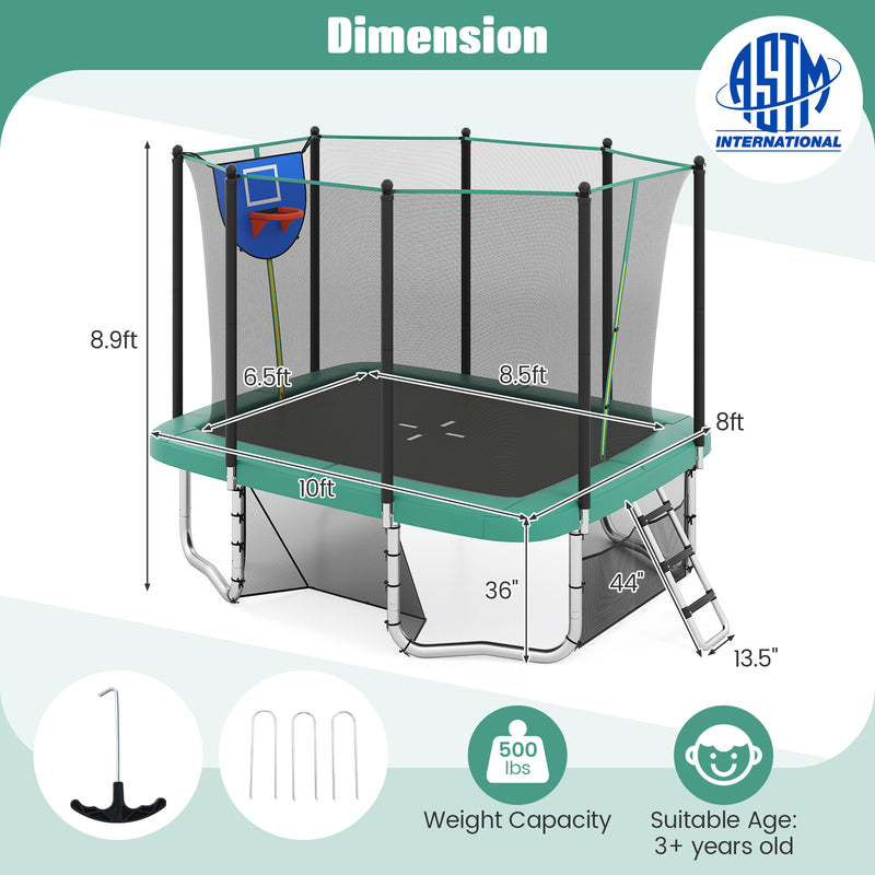 Costway - Rectangle Outdoor Trampoline 10 x 8 FT Heavy-Duty Trampoline with Basketball Hoop-Green