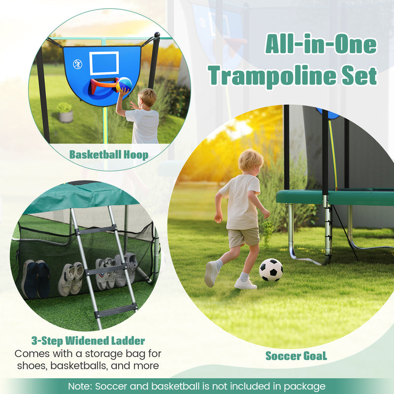 Costway - Rectangle Outdoor Trampoline 10 x 8 FT Heavy-Duty Trampoline with Basketball Hoop-Green